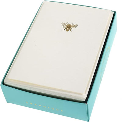 Bee La Petite Presse Boxed Notecards - 10 Embellished Gold Foil Blank Cards with Matching Envelopes and Storage Box, 3.25" x 4.75"